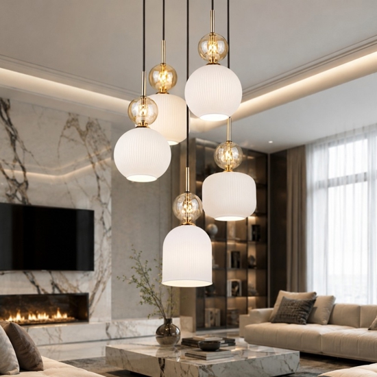 lampadario per soggiorno contemporaneo 5 vetri ambra bianco pendenti